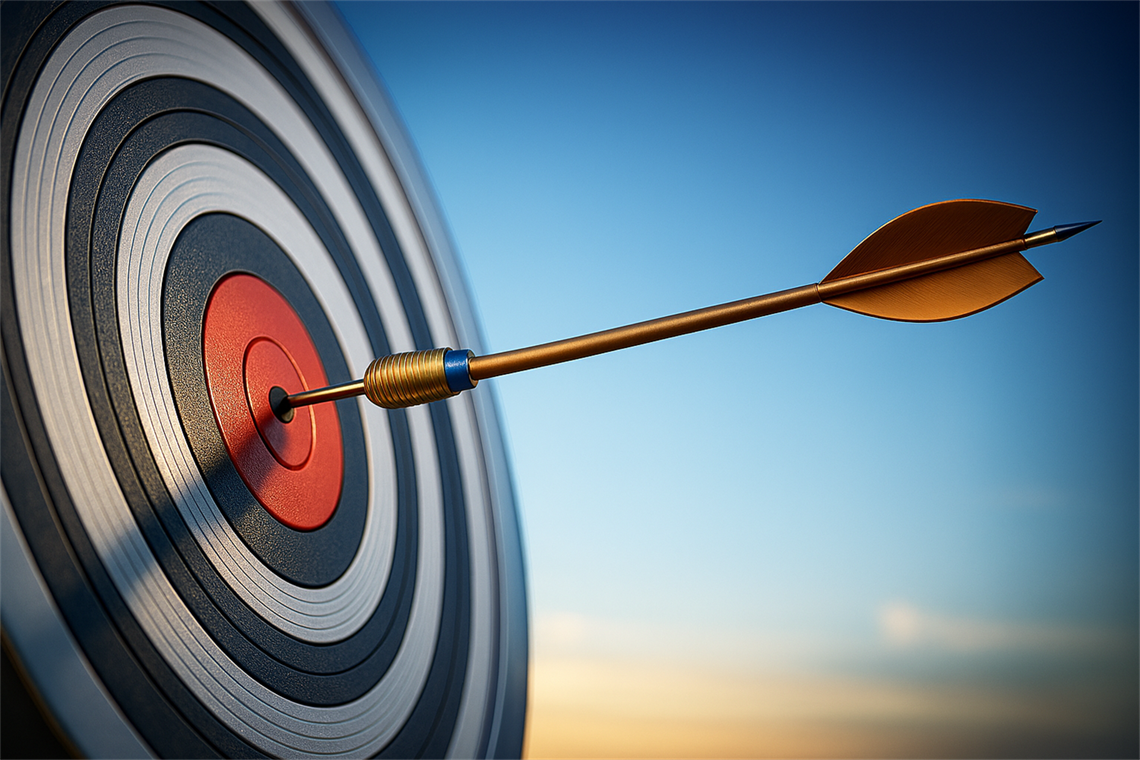 Black and white target with gold arrow through center 