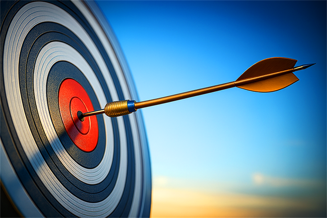 Black and white target with gold arrow through center 